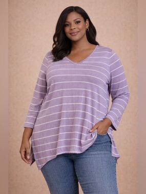 Just Be Purple White Striped Long Sleeve V Neck Size 2X
